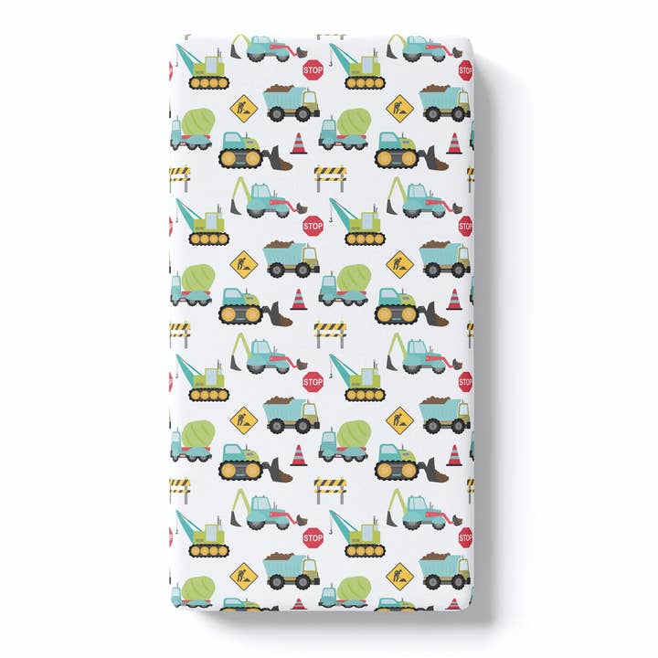 TWIN SIZE Fitted Sheet - Construction Trucks for wholesale by Honey Lemonade- Minky Baby Blankets and Gifts