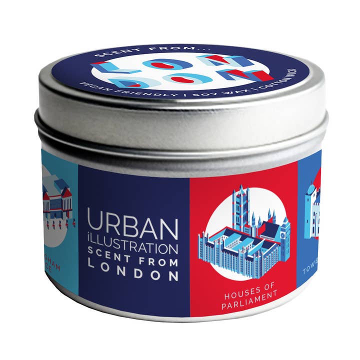 Vela de estaño con ilustración urbana, diseño de tablero de ajedrez, Londres para venta al por mayor de Parkwood Springs
