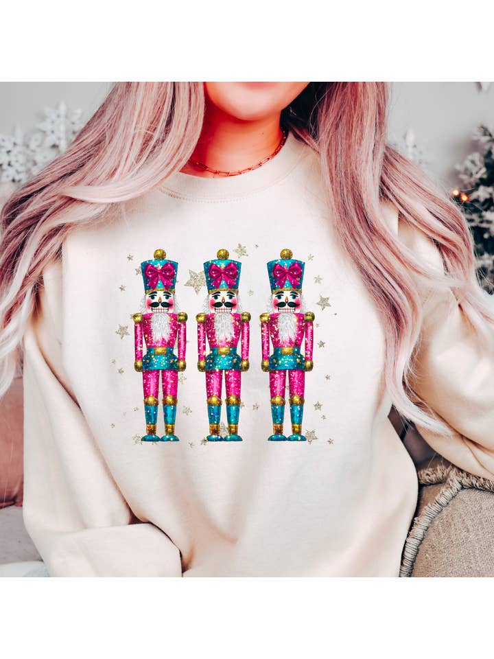 Gia Gifts Boutique - Wholesale Graphic Sweatshirt - Women's - Preppy Faux Glitter Nutcrackers Sweatshirt Christmas