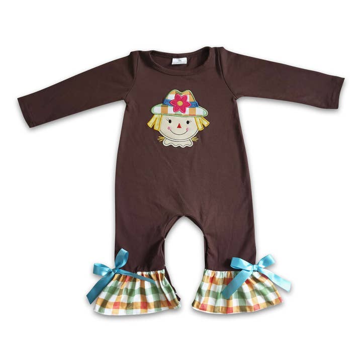 Yawoo Garments - Wholesale Jumpsuit - Baby - Scarecrow embroidery brown plaid baby Thanksgiving romper
