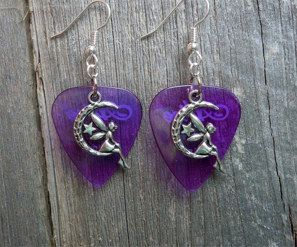 Simply Raevyn - Wholesale Dangle Earrings - Fairy on the Half Moon Charm Guitar Pick Earrings16