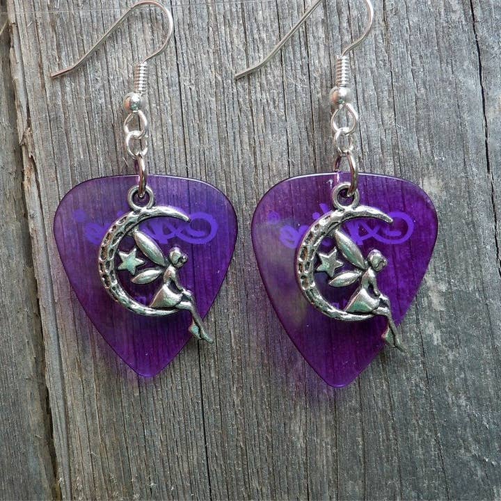 Simply Raevyn - Wholesale Dangle Earrings - Fairy on the Half Moon Charm Guitar Pick Earrings16