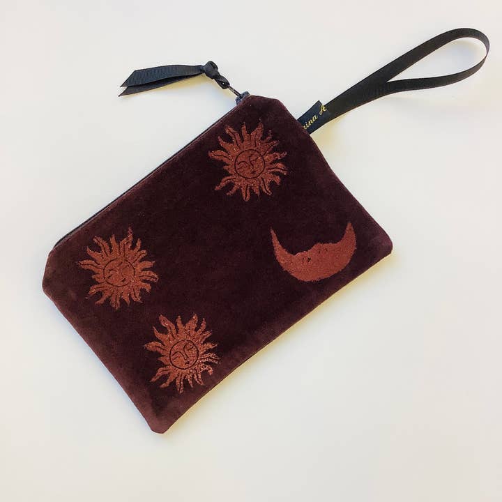 Chocolate Brown Sun and Moon velvet zip-up pouch for wholesale by Raina Atelier