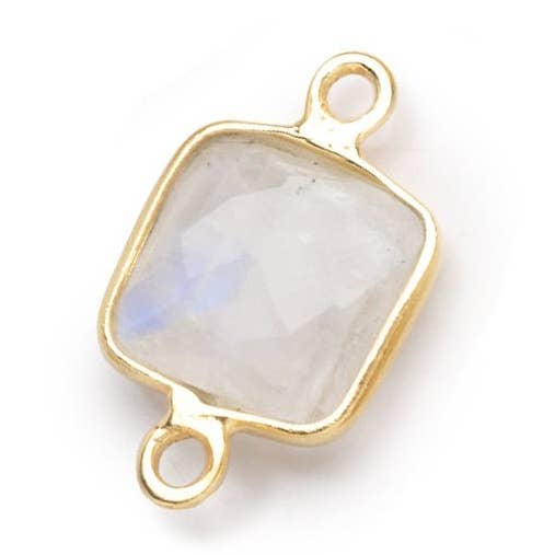 Beads of Cambay - Wholesale Individual Charm/Pendant - 9.5mm Vermeil Bezel Rainbow Moonstone Faceted Cushion Connector 1 piece0