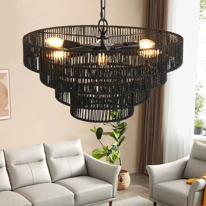 39F Inc. - Wholesale Chandelier/Hanging Light - 20" Rustic 4-Tier Black Hemp Rope Boho Pendant Chandelier1