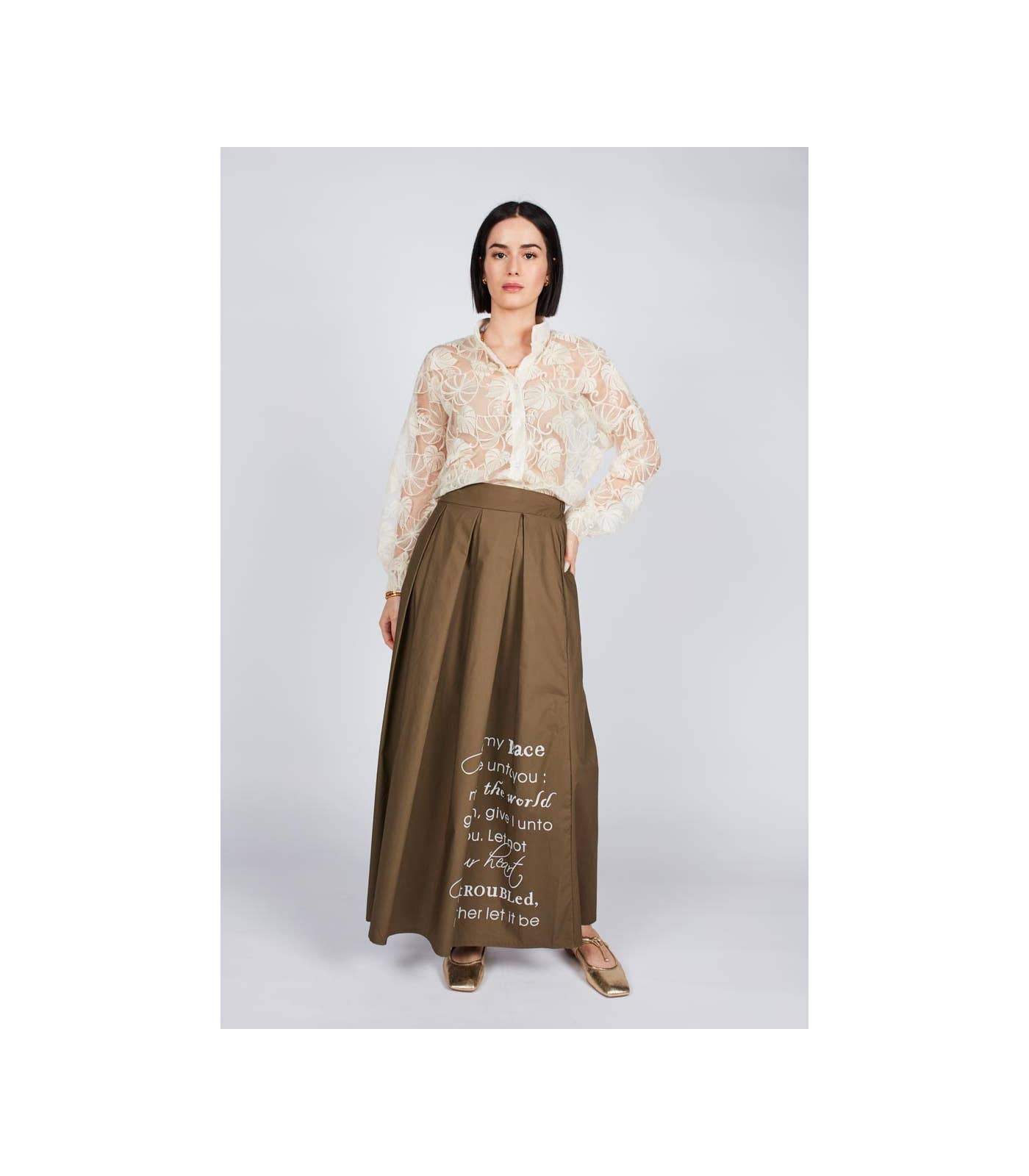 Khaki Poplin Long Skirt for wholesale on Faire0
