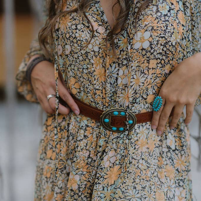Most Wanted USA - Wholesale Belt - Women's - Tooled Belt with Round Turquoise Stone Buckle