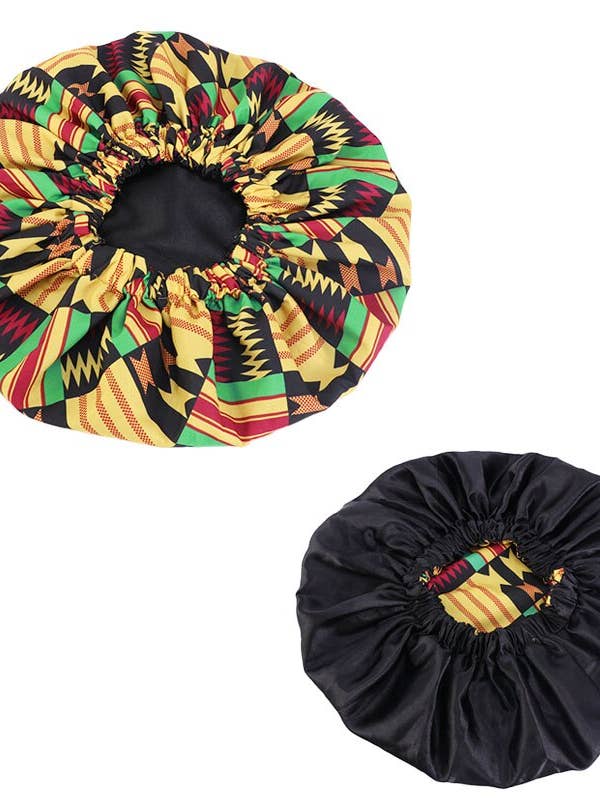 Afrikanische Schwarze / Gelbe Kente-Druck-Haube (Satin gefüttert, wendbare Nachtschlafmütze) für den Großhandel von AfricanFabs