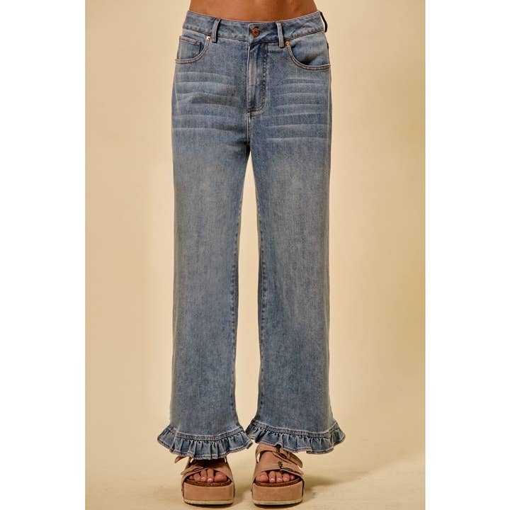 Ruffled Bottom Detail Mid Rise Denim Jeans Pants for wholesale by IVE