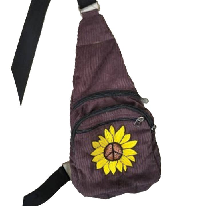 Mini sac à bandoulière en velours côtelé avec applique Peace Sunflower pour la vente par Gypsy Rose
