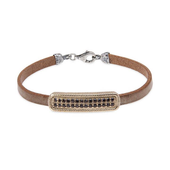 Leather bracelet with bronze piece and brown zirconia for wholesale by PLATADEPALO