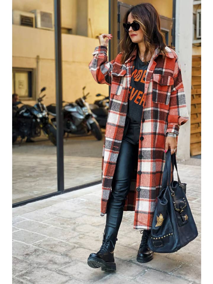 UNISHE - Wholesale Shirt Jacket/Shacket - Women's - XC1360 Plaid Flannel Shacket Jacket Maxi Length Women