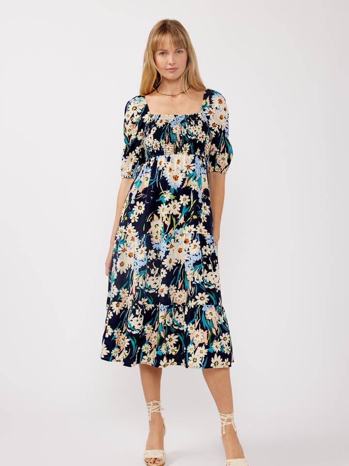 Floral Square Neck Smocked Tiered Midi Dress for wholesale by Lovestitch
