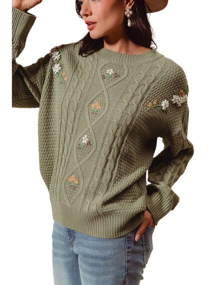 Vanilla Monkey - Wholesale Knit Sweater - Women's - Embroidered Flower Cable Knitted Sweater Top3