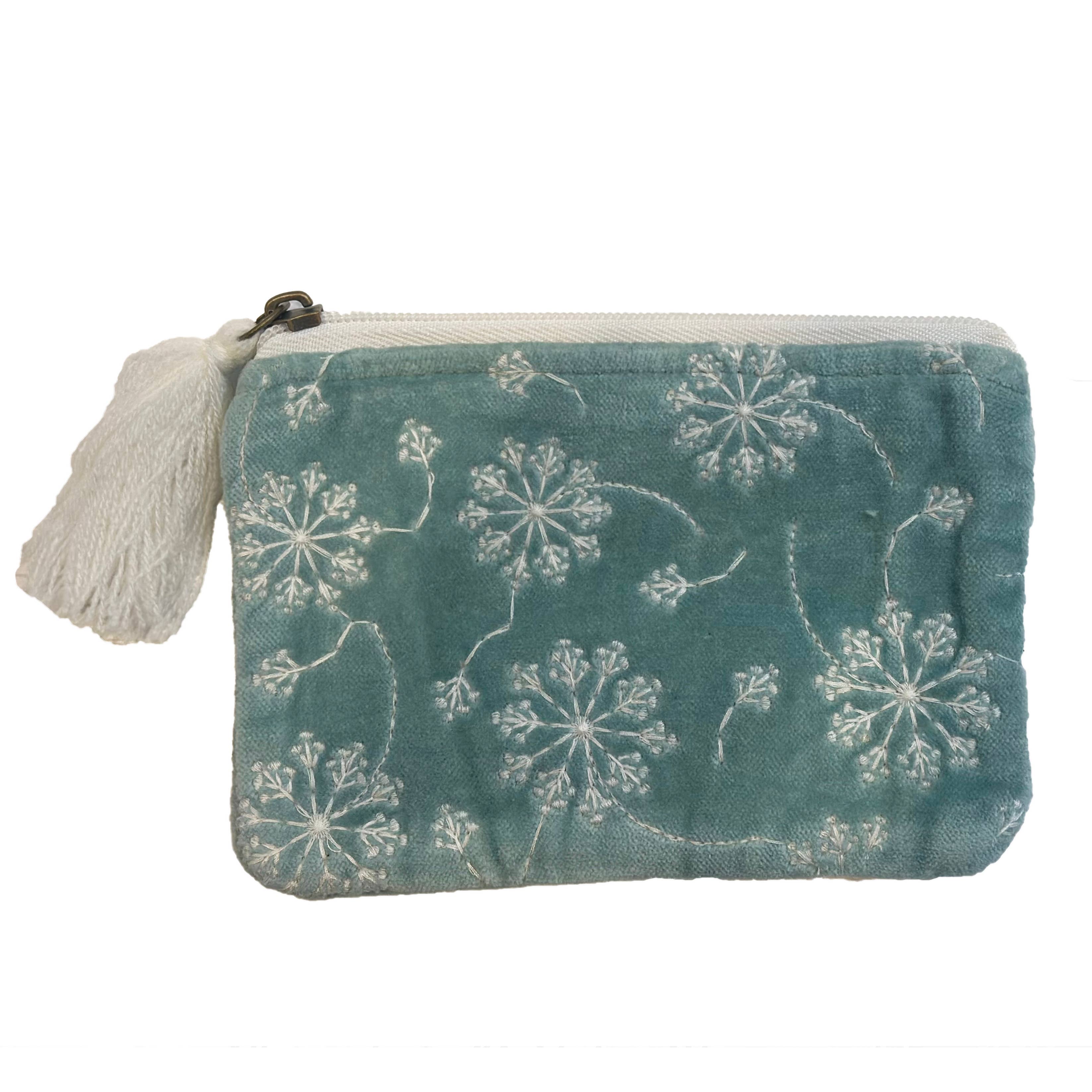 Chloe & Lex - Wholesale Coin Purse - Women's - Velvet White Flowers on Soft Gray Blue Velvet coin purse1