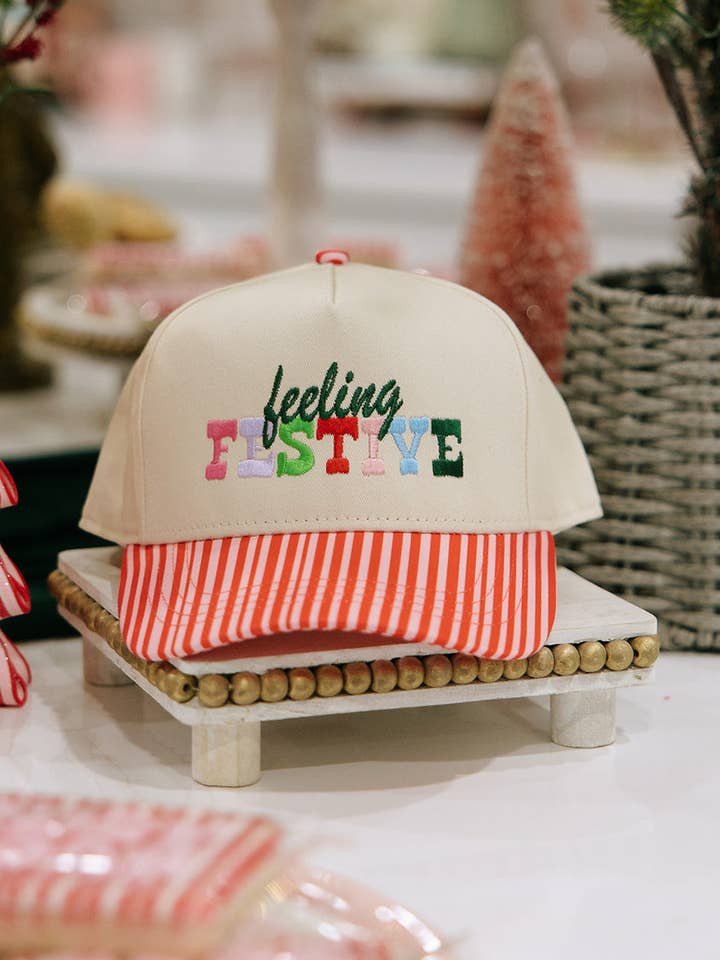 Feeling Festive Pink Striped Hat Christmas Hat for wholesale by Ruby Moon