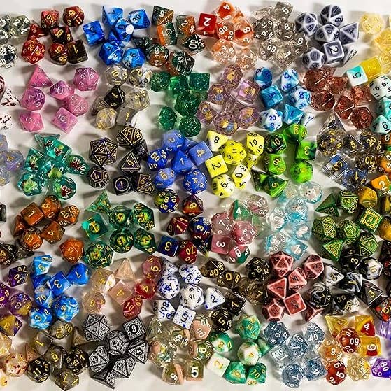 1985 Games - Wholesale Dice - Premium Mystery Dice - 7 Polyhedral Dice, D&D Pin & Sticker
