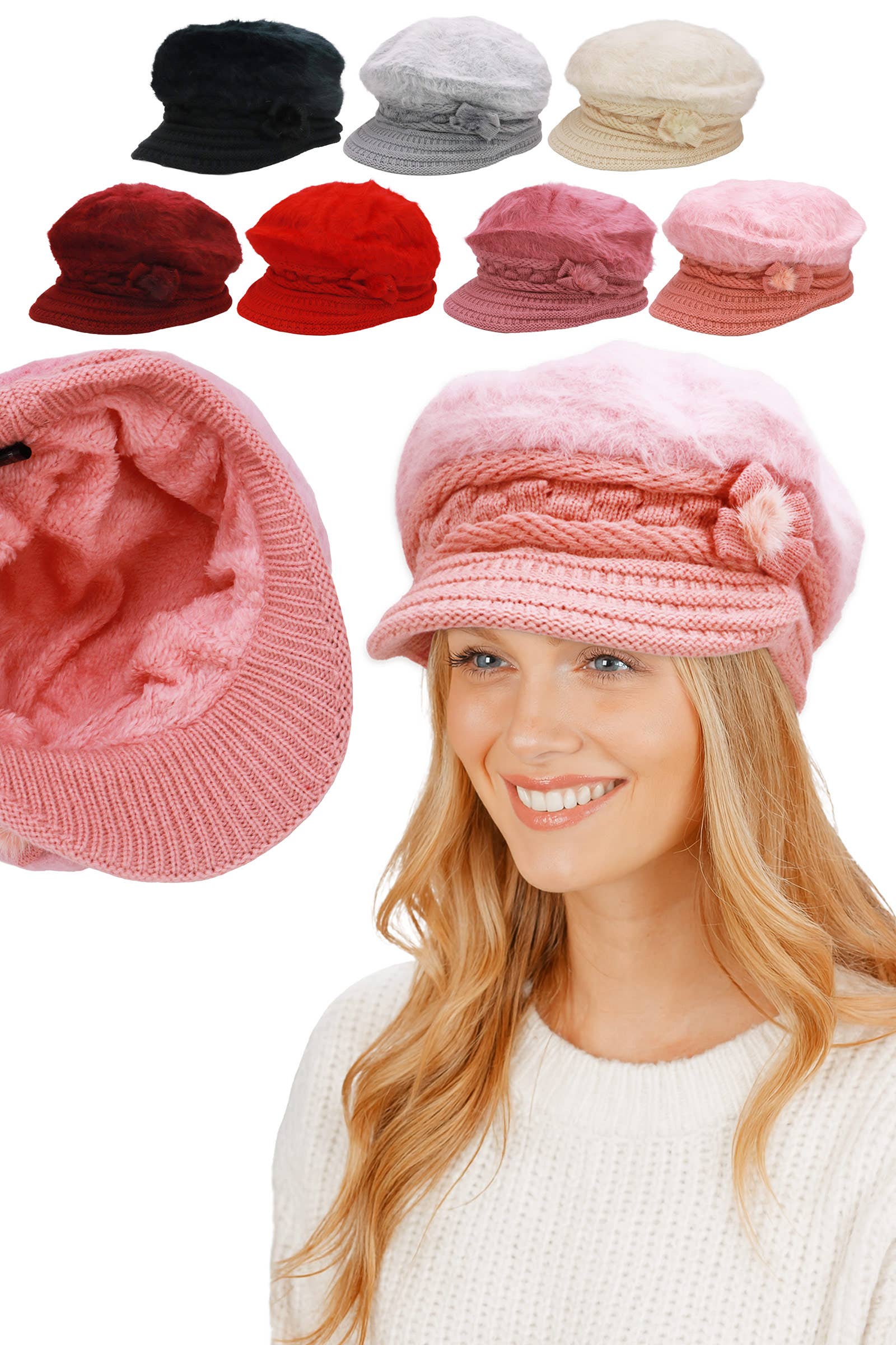 ASSORTED Vegan Angora Fur Flower Knitted Fiddler Cap for wholesale on Faire0