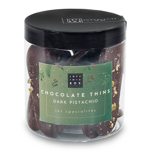 Love in a Box Chocolatier - Wholesale Chocolate - Christmas Chocolate Thins Dark Pistachio 1