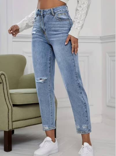 Black Rebel Fashion - Wholesale Jeans - Women's - Â Light Blue Ripped Mom Fit Jeans - BlueÂ