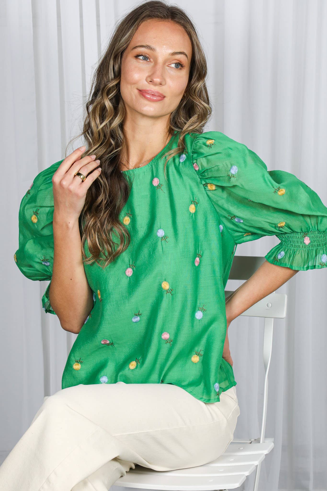 Vine & Love - Wholesale Blouse - Women's - Floral Embroidered Round Neck Organza Blouse Top VT82255-5
