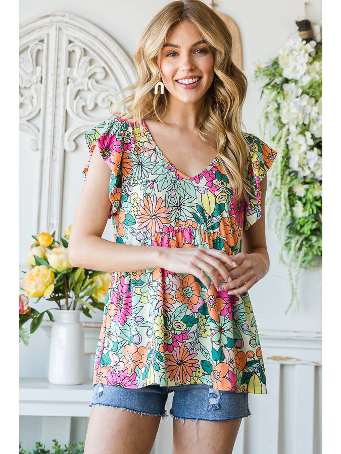 7th Ray - Wholesale Blouse - Women's - Multi Color Flower Print Baby Doll Flutter Sleeve Top T5165