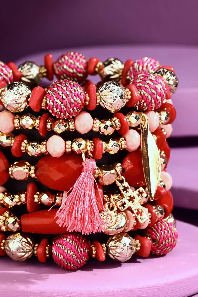 Rosa (Pk) 7-reihiges, gemischtes Perlenarmband mit Akzentquaste für den Großhandel auf Faire2