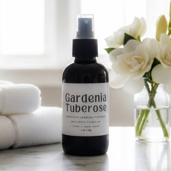 Gardenia- Linen & Room Spray – 4 oz. Glass Black Bottle for wholesale by Bold Space Candle Co.