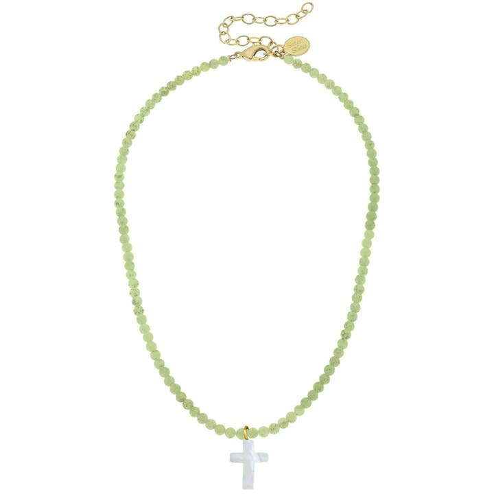 Light Green Alys Pearl Cross Necklace for wholesale by Susan Shaw