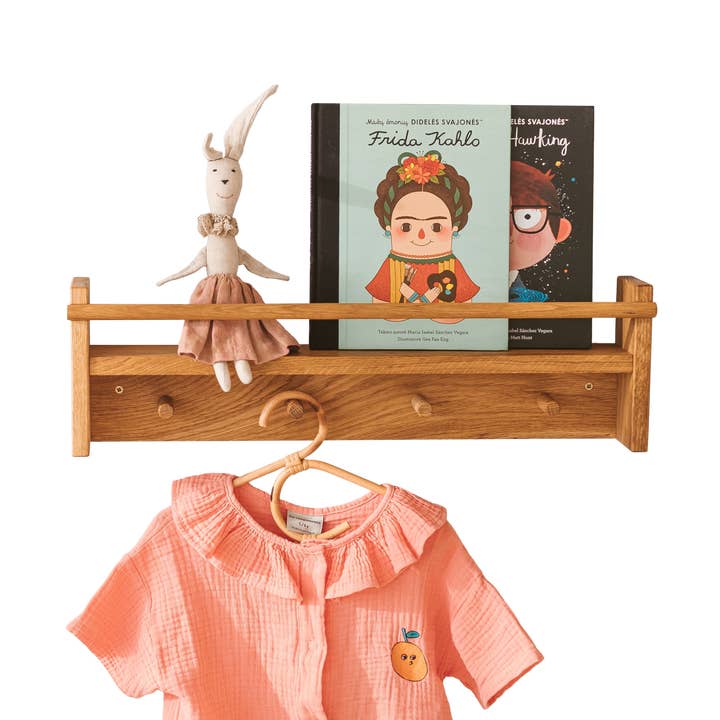 MINICAMP Floating Kids Bookshelf with Coat Hooks Made of Solid Oak for wholesale by MINICAMP