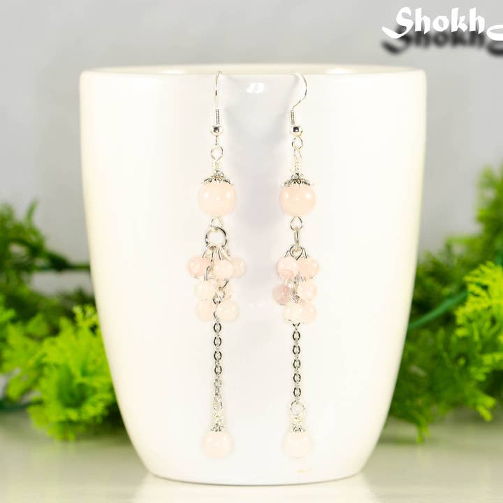 Boucles d'oreilles extra-longues en cristal de quartz rose pour la vente par Shokh Jewelry
