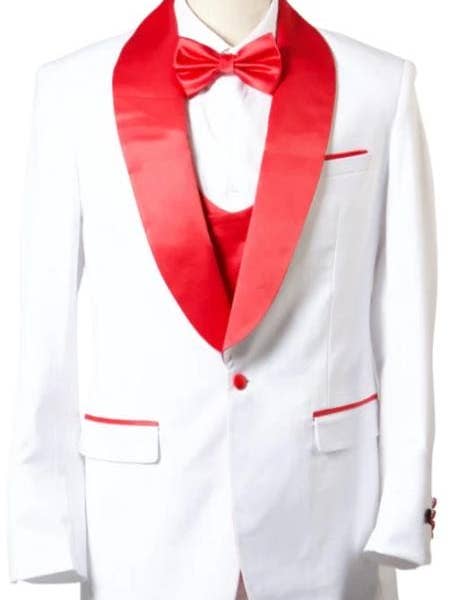 Esmoquin blanco y rojo con 1 botón, chal y solapa con chaleco blanco y rojo para venta al por mayor de Alberto Nardoni