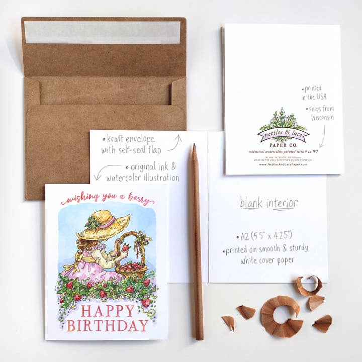 Nettles & Lace Paper Co. - Wholesale Verjaardagskaartje - Berry Happy Birthday Speelse Aquarel Tuin Bloemenkaart1