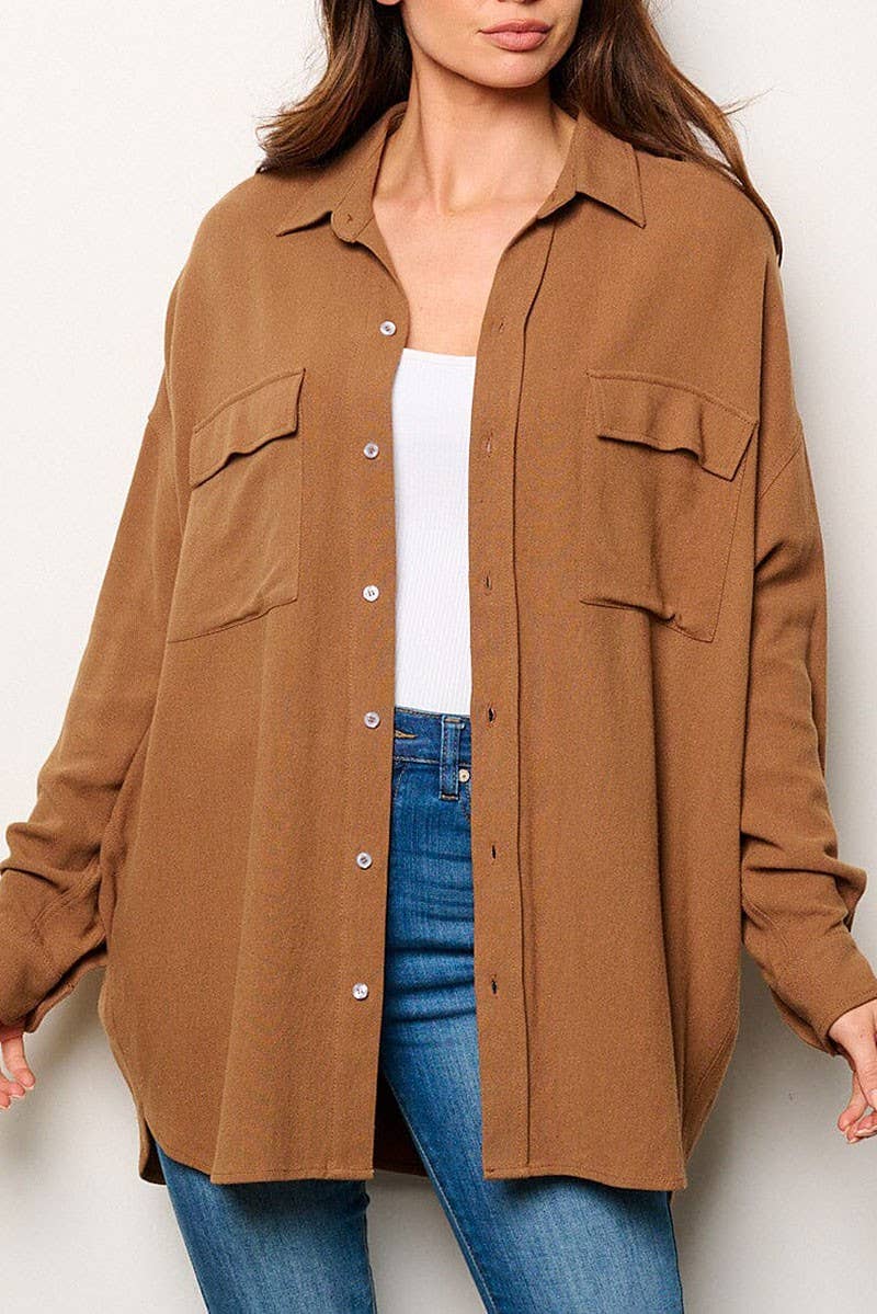 ROUSSEAU - Wholesale Button Down Shirt - Women's - BUTTON UP FRONT POCKETS OVERSIZED SHIRT1