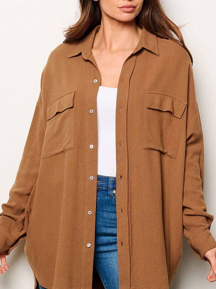 ROUSSEAU - Wholesale Button Down Shirt - Women's - BUTTON UP FRONT POCKETS OVERSIZED SHIRT1