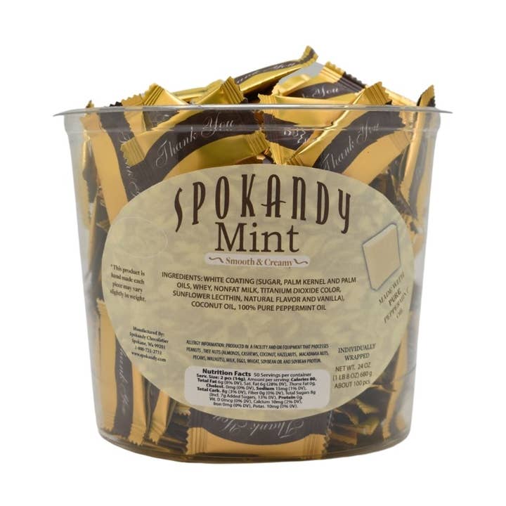 1.5lb Mints in Tub with Thank You wrapper for wholesale by Spokandy Chocolatier