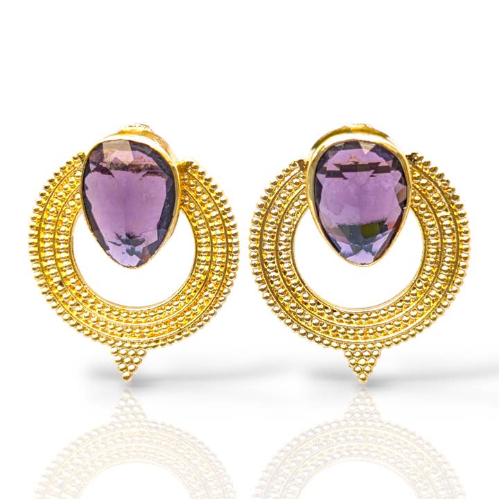 Purple CZ Handmade Gold Stud Earrings for wholesale by ZEYZEY