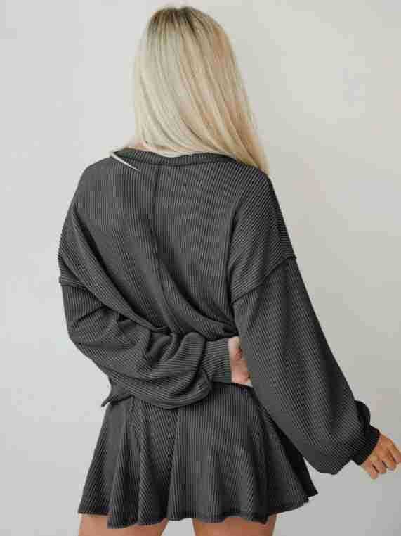 Marayn - Wholesale Top & Skirt Set - Women's - Autumn Ribbed Set Lantern Sleeve Top  Pleated Skirt7