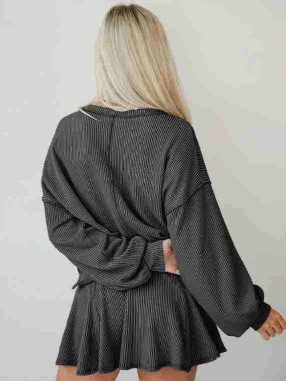 Marayn - Wholesale Top & Skirt Set - Women's - Autumn Ribbed Set Lantern Sleeve Top Pleated Skirt7