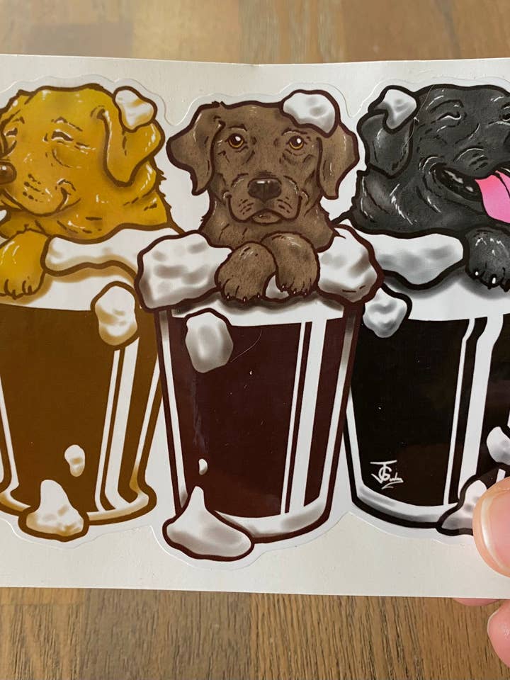 Three Labs, Three Beers Sticker! for wholesale by Guerdrum Art
