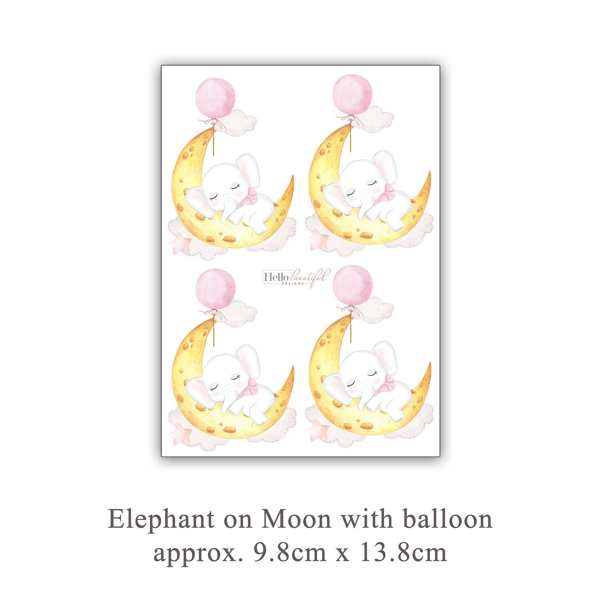 Hello Beautiful Designs - Vente Décoration murale – enfant et bébé - Adorable mini éléphant endormi sur la lune avec ballon rose flottant, autocollant mural réutilisable pour chambre d'enfant, décoration murale pour chambre d'enfant6