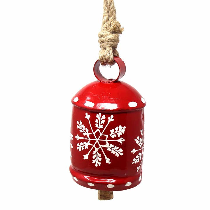 Global Crafts - Wholesale Ornament - Recycled Rustic Red and White Snowflake Irong Hanging Bell