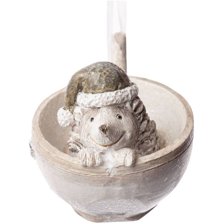 A73300: Hedgehog,Santa hat sit,cup,taupe paint rsn orn 2.6in for wholesale by Silver Tree Home & Holiday