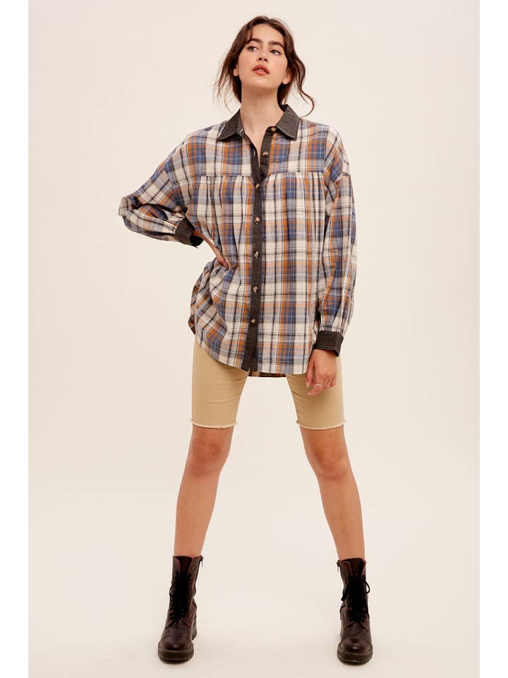 Listicle - Wholesale Button Down Shirt - Women's - Mixed Plaid Oversized Button-Down Shirt LJ02057