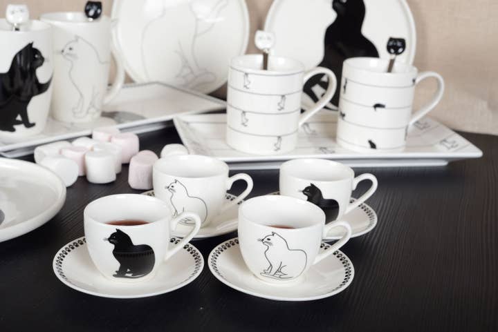 AULICA - Wholesale Coffee/Tea Cup - Black And White Cat Coffee Cups With Saucers - Set Of 4