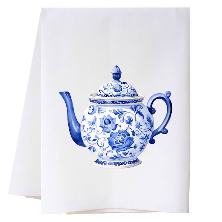 Blue And White Teapot Kitchen Towel for wholesale by Cora & Pate