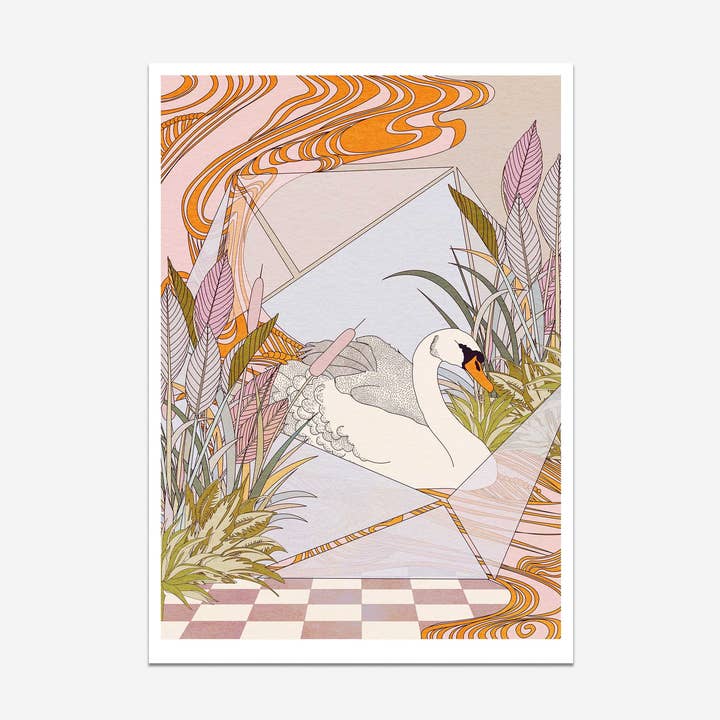 Impression artistique bohémienne botanique de style vintage Swan Terrarium pour la vente par OMG Kitty