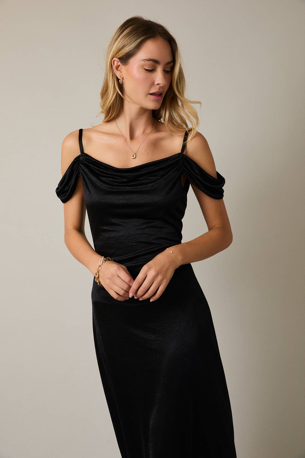 Black COWL NECK STRAP SHORT SLEEVE MAXI DRESS for wholesale on Faire3