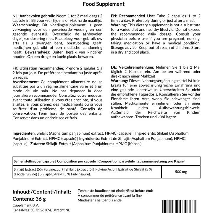 Cupplement – wholesale Oral supplement/vitamin – Shilajit 60 Capsules 5% Extract Resin 500 MG Per Capsule