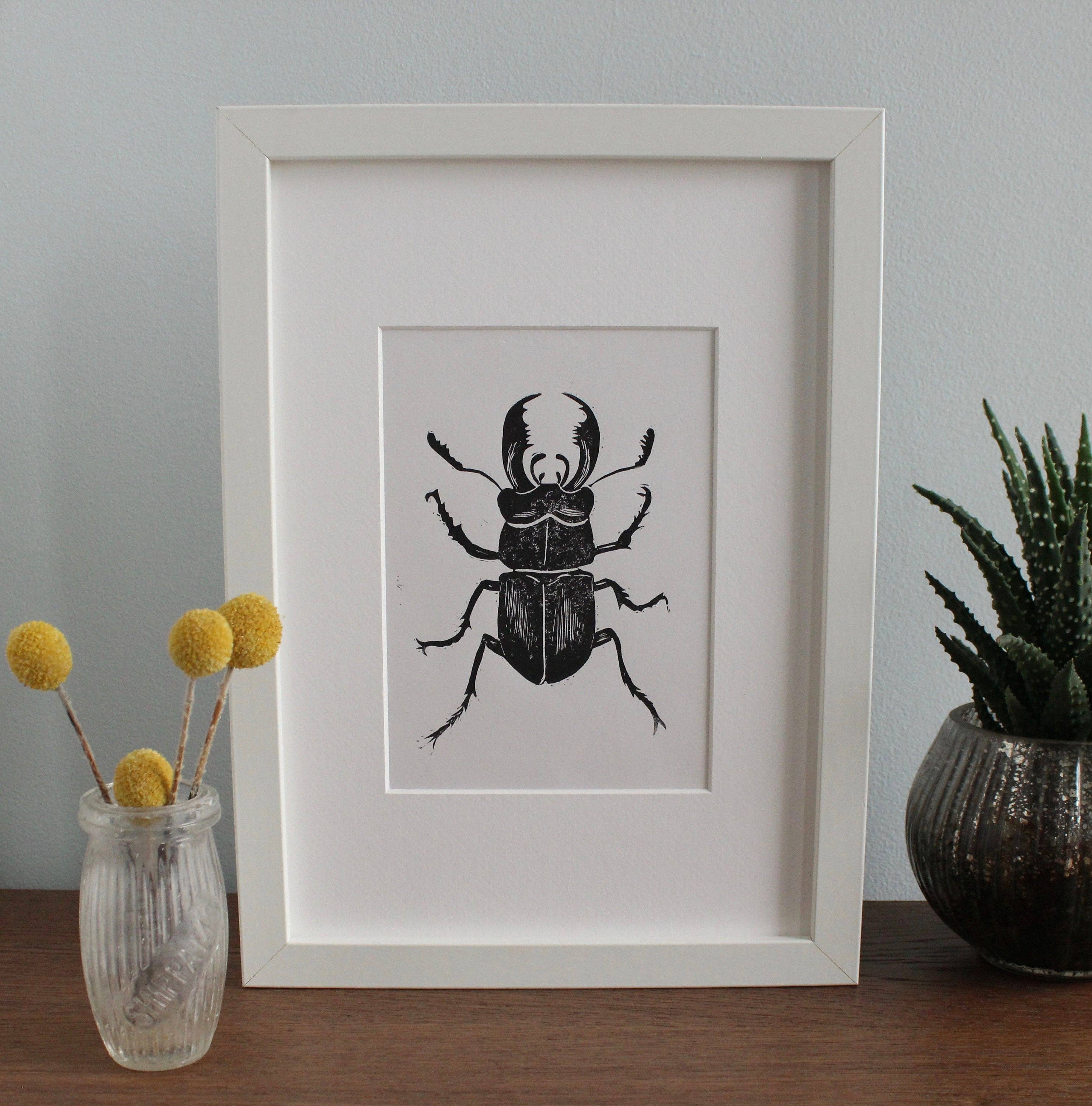 Jackdaw and Bear - Wholesale Art print - Stag Beetle Lino hand printed insect linocut print3